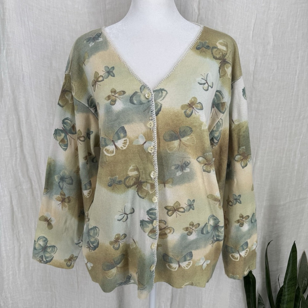 Butterfly Button Front Cardigan L Lightweight Knit Whimsy Earthy Boho Granny Vtg